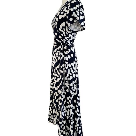 CAbi The Perfect Wrap Dress Blue White Polka Dot Size Small Short Sleeve Maxi - Picture 2 of 10